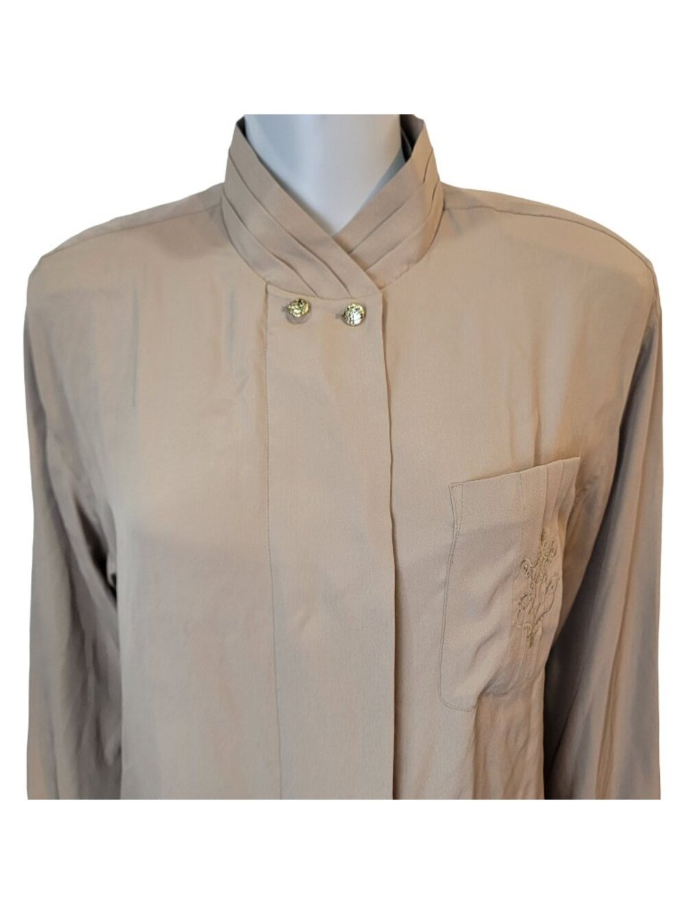 Vintage 80s Blouse Shirt Women 10 Large Button Top Tan Silver Fall Retro Formal